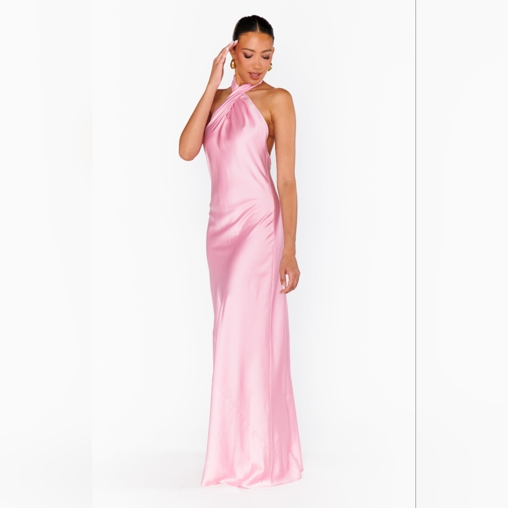 Show Me Your MuMu Jasmine Halter Maxi Light Pink Luxe Satin Dress M Wedding Prom - Picture 4 of 11
